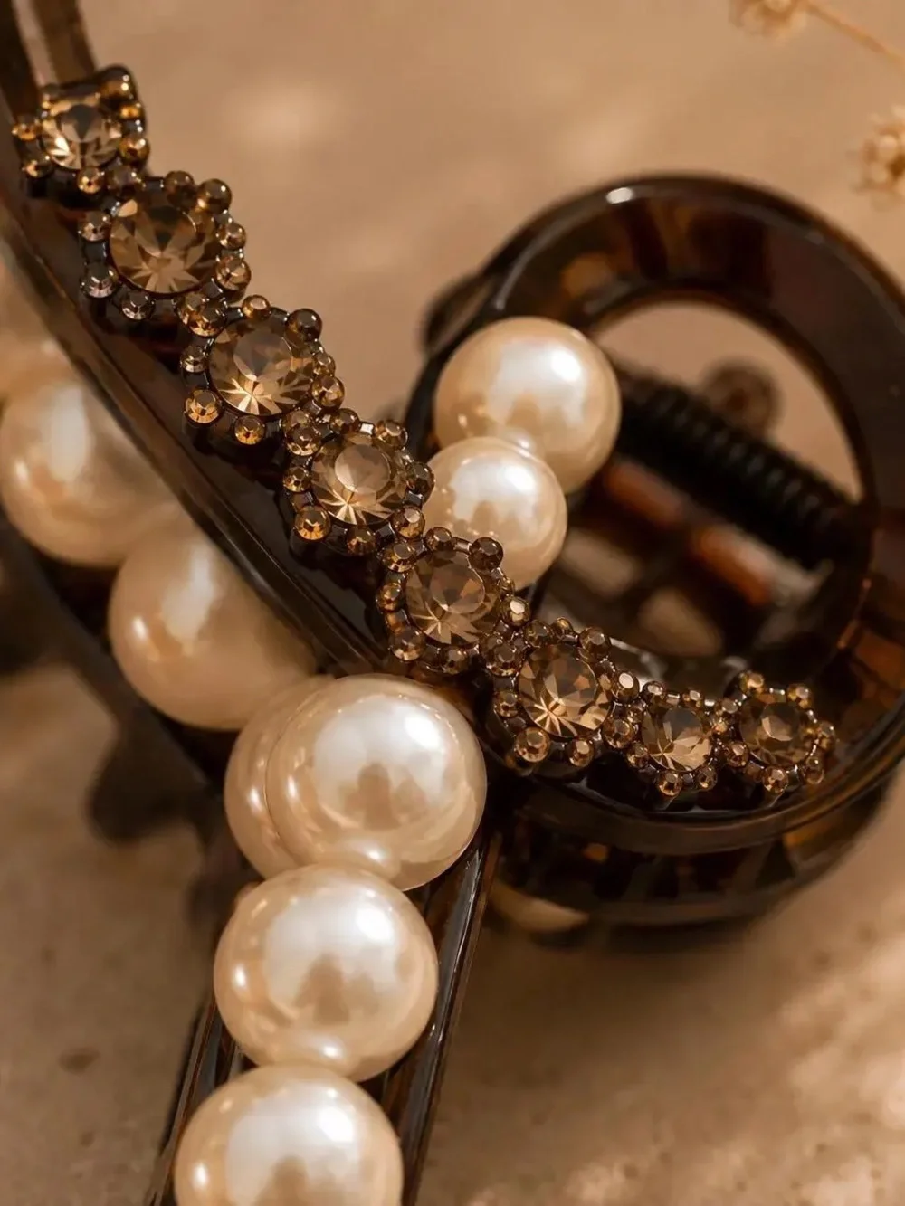 Dark brown Pearl & Crystal Hair Clip with Gold Chain Drops